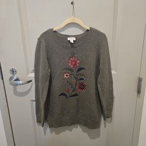 LOFT Green Sweater with Pink Floral Embroidery